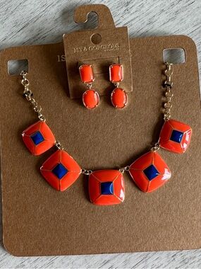 CAROLEE Orange and Blue Statement Necklace with Matching Earrings NWT